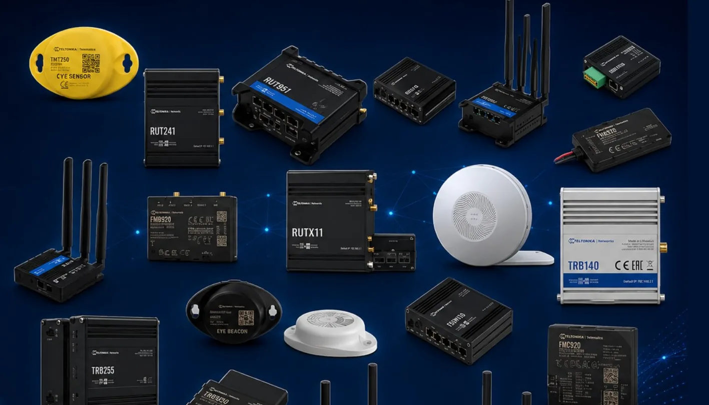 Gama de dispositivos Teltonika: routers RUT, gateways TRB, rastreadores FM